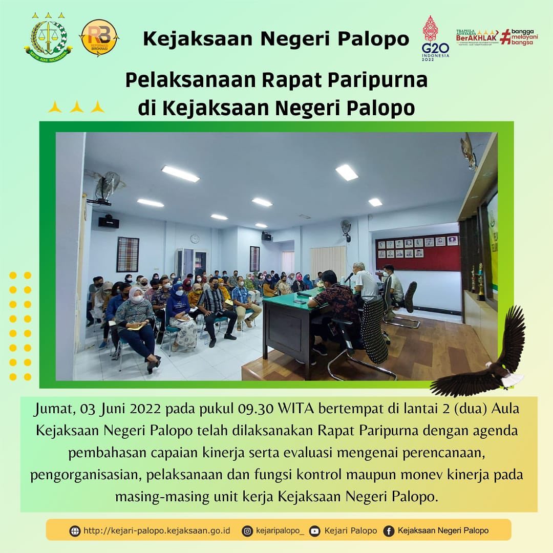 Pada hari Jum’at, 03 Juni 2022 pada pukul 09.30 Wita bertempat di aula Kejaksaan Negeri Palopo yang dihadiri oleh Kepala Kejaksaan Negeri Palopo beserta para Kasi, Kasubabag, Jaksa Fungsional, TU, dan Pramubakti telah dilaksanakan Rapat Paripurna dengan agenda pembahasan serta evaluasi mengenai Perencanaan, Pengorganisasian, Pelaksanaan, Kontrol pada sistem kerja. Agenda tersebut tetap mematuhi protokol kesehatan.........@kejaksaan.ri #kejaksaan #kejaksaanri #kejaksaanagung #kejaksaanagungrepublikindonesia #kejati #kejatisulsel #kejaksaannegeripalopo #palopo #palopoinfo
