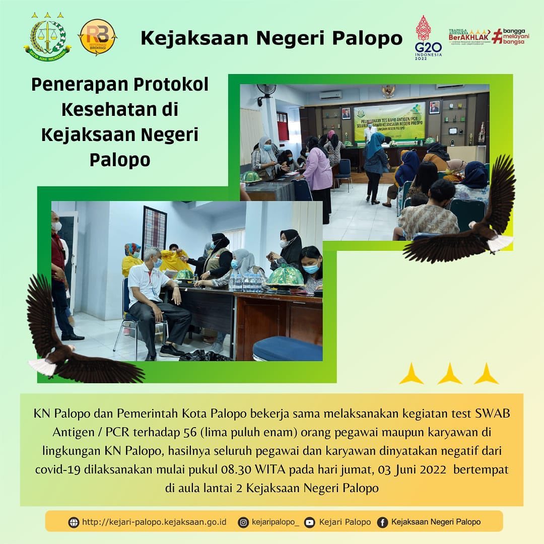 Pada hari Jum’at, 04 Juni 2022 pada pukul 08.30 Wita telah dilaksanakan test rapid antigen/PCR untuk seluruh pegawai Kejaksaan Negeri Palopo yang ditangani langsung oleh Dinas Kesehatan Kota Palopo, hasilnya seluruh pegawai yang berjumlah 56 orang pegawai dinyatakan negatif......@kejaksaan.ri #kejaksaanri #kejaksaan #kejatisulsel #kejaksaanagung #kejaksaanagungrepublikindonesia #kejaksaannegeri #kejaksaannegeripalopo #covid #covid_19 #pcr #palopo