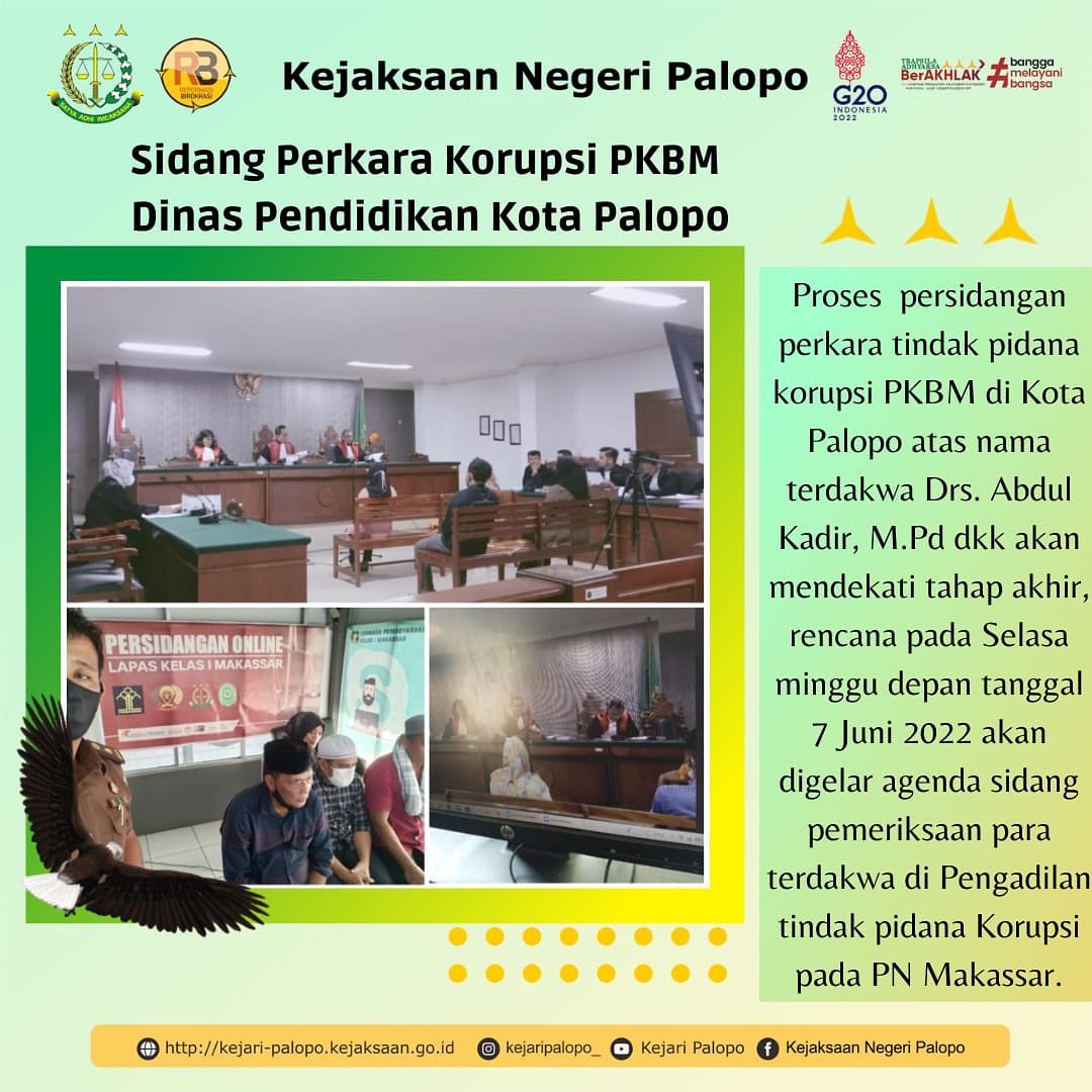Pada hari Selasa tanggal 31 Mei 2022, telah berlangsung persidangan perkara korupsi BOP Kesetaraan TA.2020 oleh terdakwa Abdul Kadir Dkk dengan agenda pemeriksaan saksi adcharge dimulai sekitar pukul 13.15 Wita bertempat di Ruang Sidang Bagir Manan Pengadilan Tipikor pada Pengadilan Negeri Makassar. Sidang tersebut dihadiri secara online oleh para terdakwa di ruang sidang online Lapas Kelas I Makassar. Sidang berakhir sekitar pukul 15.20 Wita dan selama sidang berlangsung dengan tertib dan lancar. Sidang selanjutnya yakni pada Hari Selasa tanggal 07 Juni 2022 dengan agenda pemeriksaan keterangan para terdakwa:1. Drs. Abdul Kadir M.Pd (ketua PKBN To’Guru)2. Sunarti Baharding S.sos (ketua PKBM Aksara Tenar)3. Achiruddin Syam S.E (ketua PKBM Berkah)4. Ir. Namsa B Opu Pallao (ketua PKBM Fahira)....@kejaksaan.ri #kejaksaan #kejaksaanri #kejaksaanagung #kejaksaanagungrepublikindonesia #kejati #kejatisulsel #kejari #kejaripalopo #kejaksaanpalopo #kejaksaannegeripalopo #tipikor #korupsi #tipikormakassar