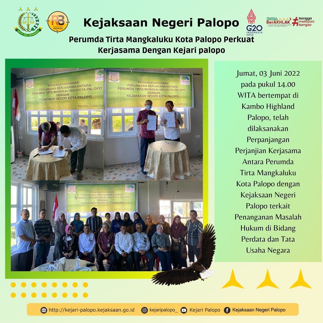 Pada hari Jum’at, 03 Juni 2022 pada pukul 14.00 Wita bertempat di Kambo Highland Palopo, telah dilaksanakan penandatanganan Perpanjangan Perjanjian Kerjasama Antara Perumda Tirta Mangkaluku Kota Palopo dengan Kejaksaan Negeri Palopo terkait Penanganan Masalah Hukum di bidang perdata dan Tata Usaha Negara.Kepala Kejaksaan Negeri Palopo Agus Riyanto S.H dan Direktur Perumda Tirta Mangkaluku Kota Palopo Ir. M. Tawakkal telah menandatangani perpanjangan kerjasama yang telah berakhir pada tahun ini. Kepala Kejaksaan Negeri Palopo mengapresiasi Perumda Tirta Mangkaluku Kota Palopo karena telah aktif dalam pengajuan pemberian SKK serta Pendampingan Hukum kepada Perdata dan Tata Usaha Negara Kejaksaan Negeri Palopo. Diharapkan Perumda Tirta Mangkaluku Kota Palopo dapat melaksanakan kerjasama ini secara sungguh-sungguh serta berperan aktif dalam pelaksanaan, evaluasi, dan mengedepankan komunikasi untuk mencari solusi atas setiap masalah yang dihadapi........@kejaksaan.ri #kejaksaan #kejaksaanri #kejaksaanagung #kejaksaanagungrepublikindonesia #kejati #kejatisulsel #kejaksaannegeri #kejaripalopo #kejaksaannegeripalopo #palopo #palopoinfo #perumda #perumdapalopo #perumdatirta #perumdatirtamangkaluku