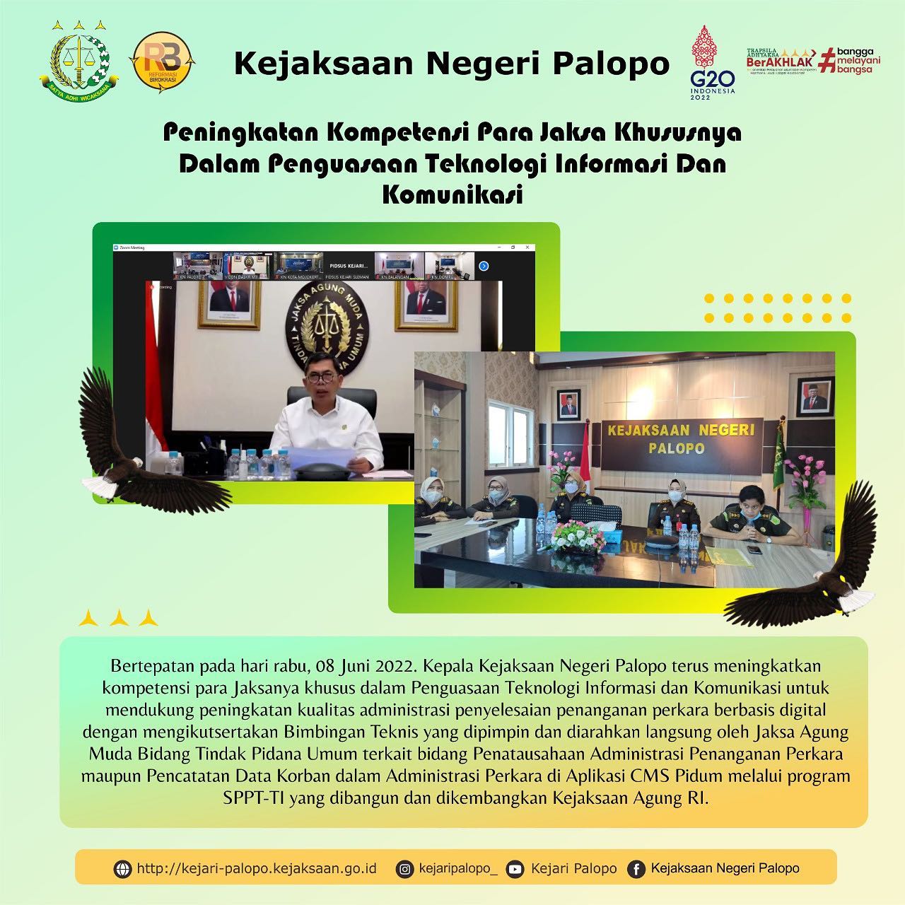 Pada hari Rabu tanggal 08 Juni 2022, Kepala Seksi Tindak Pidana Umum beserta para staff mengikuti Vicon Bimbingan Teknis yang dipimpin dan diarahkan langsung oleh Jaksa Agung Muda Bidang Tindak Pidana Umum terkait bidang Penatausahaan Administrasi Penanganan Perkara maupun Pencatatan Data Korban dalam Administrasi Perkara di Aplikasi CMS Pidum melalui Program SPPT-TI yang dibangun dan dikembangkan Kejaksaan Agung RI guna meningkatkan kompetensi para Jaksanya khususnya dalam Penguasaan Teknologi Informasi dan Komunikasi untuk mendukung peningkatan kualiras administrasi penyelesaian perkara berbasis digital dengan mengikutsertakan....@kejaksaan.ri #kejaksaan #kejaksaanri #kejati #kejatisulsel #kejari #kejaripalopo