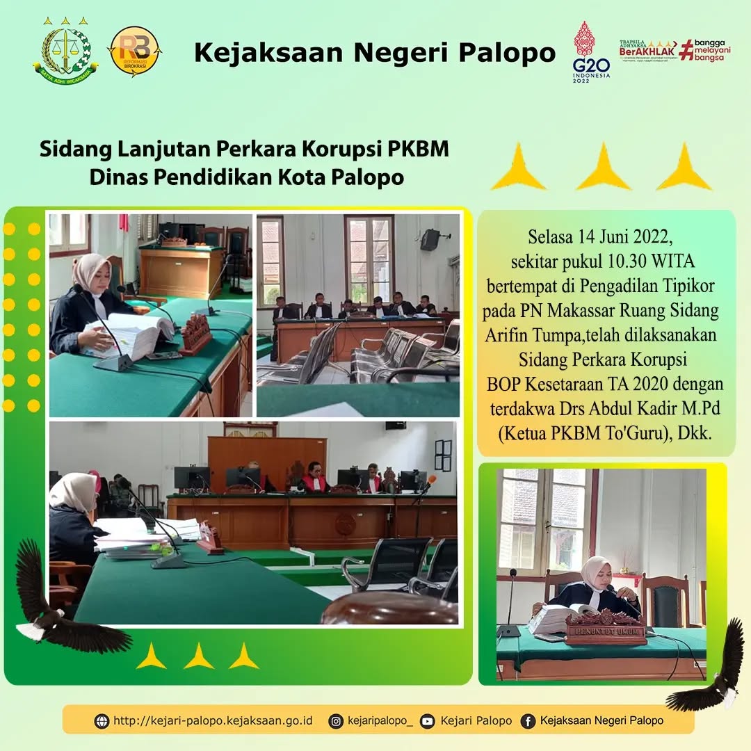 Pada hari Selasa 14 Juni 2022, sekitar pukul 10.30 WITA bertempat di Pengadilan Tipikor pada PN Makassar Ruang Sidang Arifin Tumpa, telah dilaksanakan sidang perkara korupsi BOP Kesetaraan TA 2020 dengan terdakwa Drs Abdul Kadir M.Pd (Ketua PKBM To'Guru), Sunarti Baharding, S.Sos (Ketua PKBM Aksara Tenar), Achiruddin Syam, SE (Ketua PKBM Berkah), Ir. Namsa B Opu Pallao (Ketua PKBM Fahira).....@kejaksaan.ri@kejati_sulsel#kejaksaan #kejaksaanri #kejati #kejatisulsel #kejari #kejaripalopo