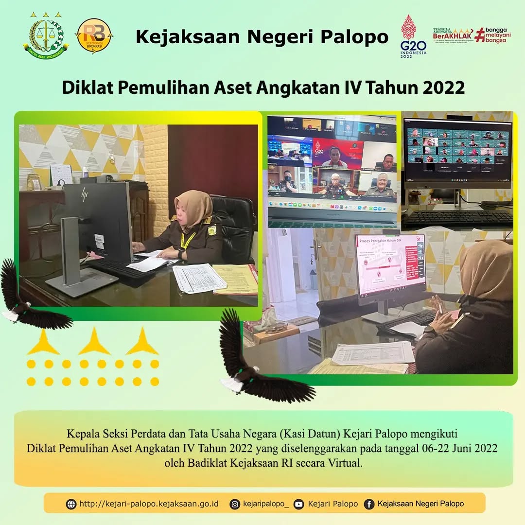 Pada hari Senin 6 Juni 2022, Kepala Seksi Perdata dan Tata Usaha Negara (Kasi Datun) Kejari Palopo mengikuti Diklat Pemulihan Aset Angkatan IV Tahun 2022 yang diselenggarakan pada tanggal 06 - 22 Juni 2022 oleh Badan Pendidikan dan Pelatihan Kejaksaan RI secara Virtual.....@kejaksaan.ri@kejati_sulsel#kejaksaan #kejaksaanri #kejati #kejatisulsel #kejari #kejaripalopo