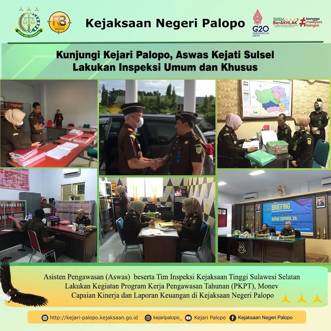 Cuaca cerah menyambut kedatangan Tim Pengawas Kejaksaan Tinggi Sulawesi Selatan (Kejati Sulsel) pada hari Rabu, 15 Juni 2022 di Kejaksaan Negeri Palopo.Sebagai tindak lanjut dari perintah Kajati Sulsel, Asisten Pengawasan (Aswas) beserta Tim Inspeksi Kejati Sulsel melakukan kegiatan Program Kerja Pengawasan Tahunan (PKPT), Monev Capaian Kinerja dan Laporan Keuangan di Kejaksaan Negeri Palopo guna mendukung percepatan penyelesaian tugas dan pengelolaan serta pelaporan keuangan yang akuntabel, transparan dan lebih baik dalam memberikan pelayanan kepada masyarakat. Inspeksi dilaksanakan dengan suasana yang santai dan berjalan lancar, dilanjutkan dengan Penyampaian hasil inspeksi oleh Asisten Pengawasan Kejati Sulsel didampingi oleh Kajari Palopo diikuti seluruh pegawai baik Jaksa maupun Tata Usaha di Aula Kejari Palopo.....@kejaksaan.ri@kejati_sulsel #kejaksaan #kejaksaanri #kejati #kejatisulsel #kejari #kejaripalopo