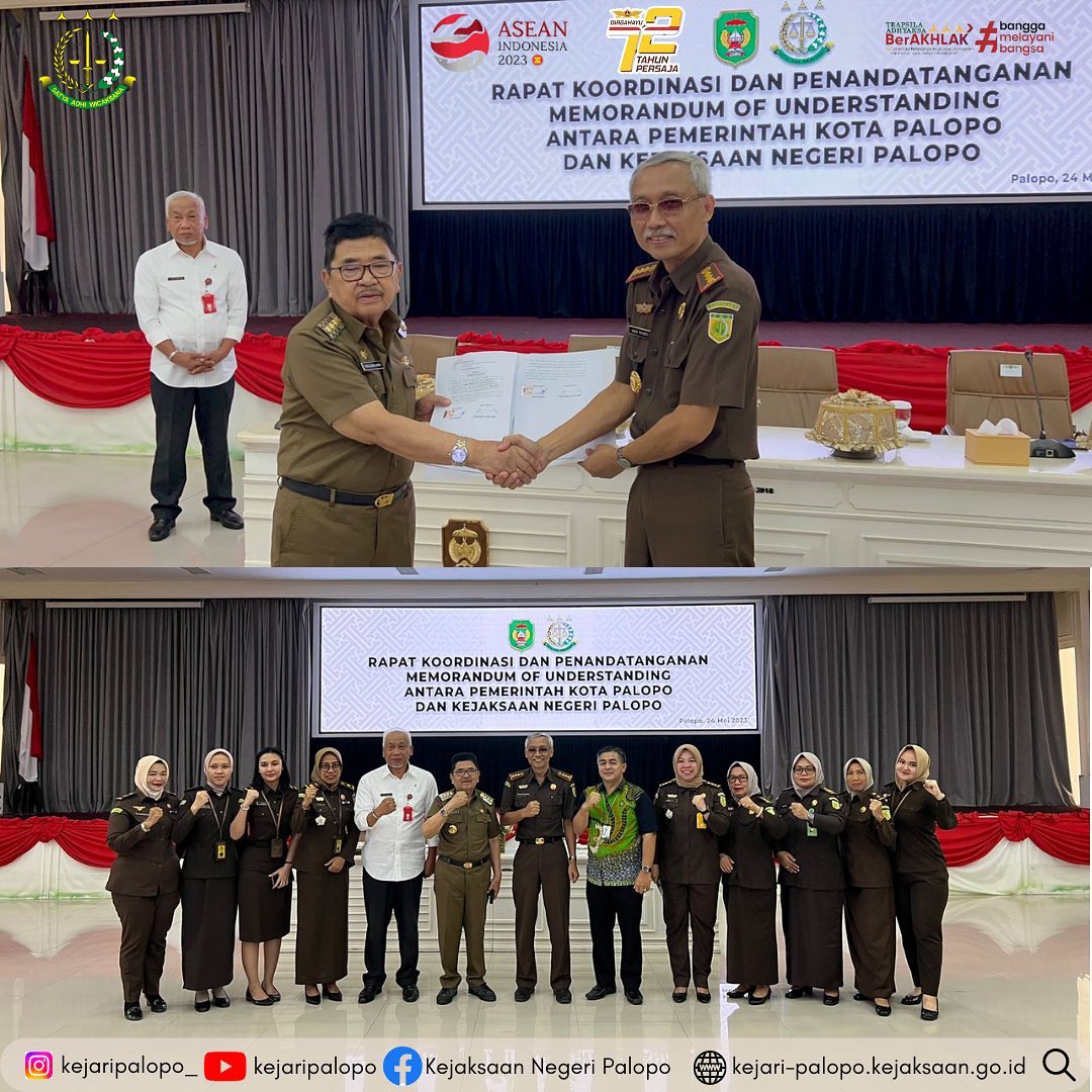 Rabu, 24 Mei 2023 Telah dilaksanakan Rapat Koordinasi & Penandatanganan Memorandum of Understanding antara Pemerintah Kota Palopo dan Kejaksaan Negeri Palopo. ......#asnkejaksaan #kejaksaanri #kejaksaanagungrepublikindonesia #jaksaagung #persajareborn #kejatisulsel #kejaripalopo