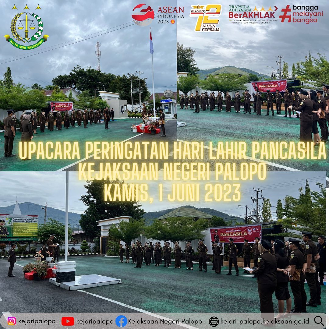 Kamis, 1 Juni 2023 Telah dilaksanakan Upacara Peringatan Hari Lahir Pancasila, dengan mengusung tema "Gotong Royong Membangun Peradaban dan Pertumbuhan Global" dipimpin oleh Kepala Kejaksaan Negeri Palopk Bpk. Agus Riyanto, S.H. dan diikuti oleh seluruh pegawai kantor Kejaksaan Negeri Palopo.......#kejaksaanri #kejaripalopo #kejatisulsel #asnkejaksaan #kejaksaanagungrepublikindonesia #upacaraharilahirpancasila #pancasila