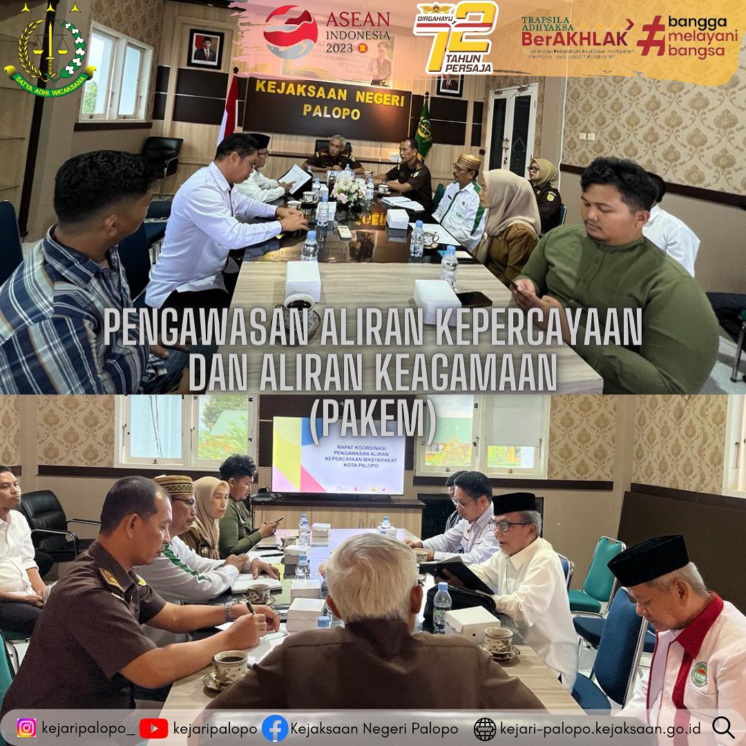 Senin, 12 Juni 2023 Telah dilaksanakan kegiatan Rapat Koordinasi Tim Pengawasan Aliran Kepercayaan dan Aliran Keagamaan (PAKEM) Kota Palopo TA. 2023. Kegiatan tersebut dihadiri oleh Kasat Intel Polres Palopo, Pasi Intel Kodim 1403/Plp, Ketua FKUB Kota Palopo, Ketua MUI Kota Palopo, Kepala Kantor Departemen Agama Kota Palopo, Kabid Ormas Kesbangpol Kota Palopo, dan BINDA Sulsel. ...........#pakem #kejaksaanri #kejaksaanagungrepublikindonesia #jaksaagung #persajareborn #intelkejaksaan #alirankepercayaan #alirankeagamaan #pengawasan