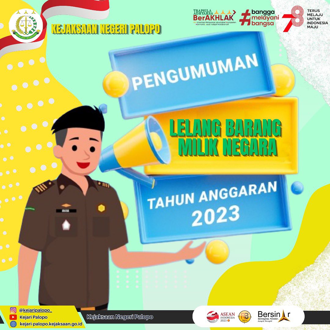 Halo guys, Kejaksaan Negeri Palopo akan melaksanakan lelang Barang Milik Negara melalui KPKNL Palopo loh.Pelaksanaan lelangHari / Tanggal : Rabu / 15 November 2023Batas Akhir Penawaran : Pukul 09.30 WIB (Waktu Server) / 10.30 WITAAlamat Domain : http://www.lelang.go.idTempat Lelang : KPKNL Palopo Jl. Andi Kambo No. 55 Palopoadapun objek lelang:1 (Satu) Unit Microbus Toyota New Dyna 110 ET Warna Hijau dengan Nomor Rangka MHFC1JUX284002475 Nomor Mesin W04DTMJ15957 dan Nomor Polisi DP 7001 ENilai Limit : Rp 55.000.000,-Uang Jaminan : Rp 27.500.000,-