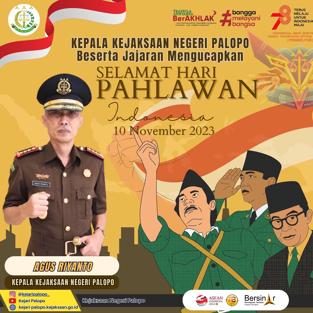 Jumat, 10 November 2023Kepala Kejaksaan Negeri Palopo beserta jajaran mengucapkan Selamat Hari Pahlawan Indonesia 10 November 2023.#kejaksaanri #kejaksaanagungrepublikindonesia #kejaksaannegeri #jaksa #jaksaagung #jaksaajaksaa #haripahlawan #haripahlawannasional