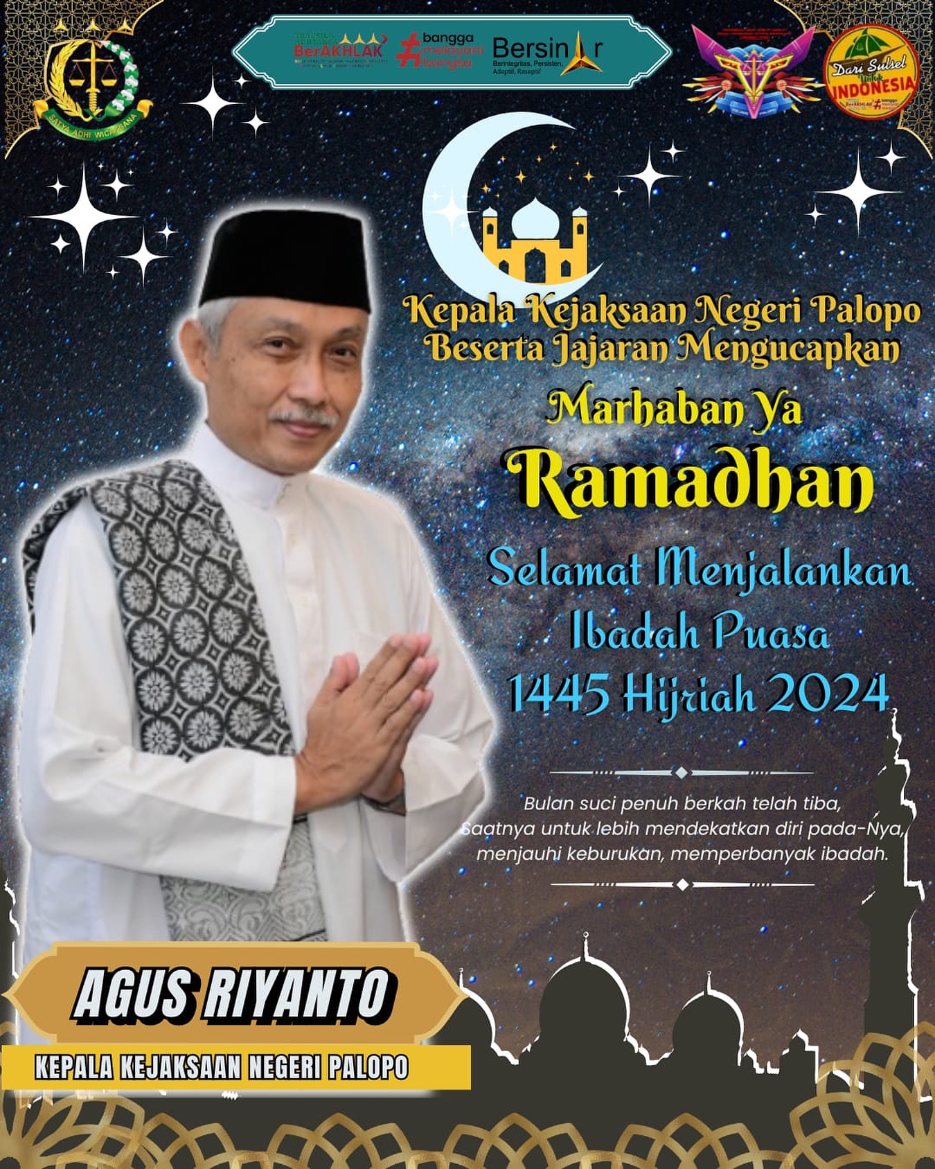 Senin, 11 Maret 2024 Kepala Kejaksaan Negeri Palopo beserta Jajaran mengucapkan Selamat Menunaikan Ibadah Puasa 1445 Hijriah 2024#kejaksaanri #kejaksaanagung #kejaksaanagungrepublikindonesia #jaksaajaksaa #jaksaprofesional #jaksaagung #jaksasahabatmayarakat