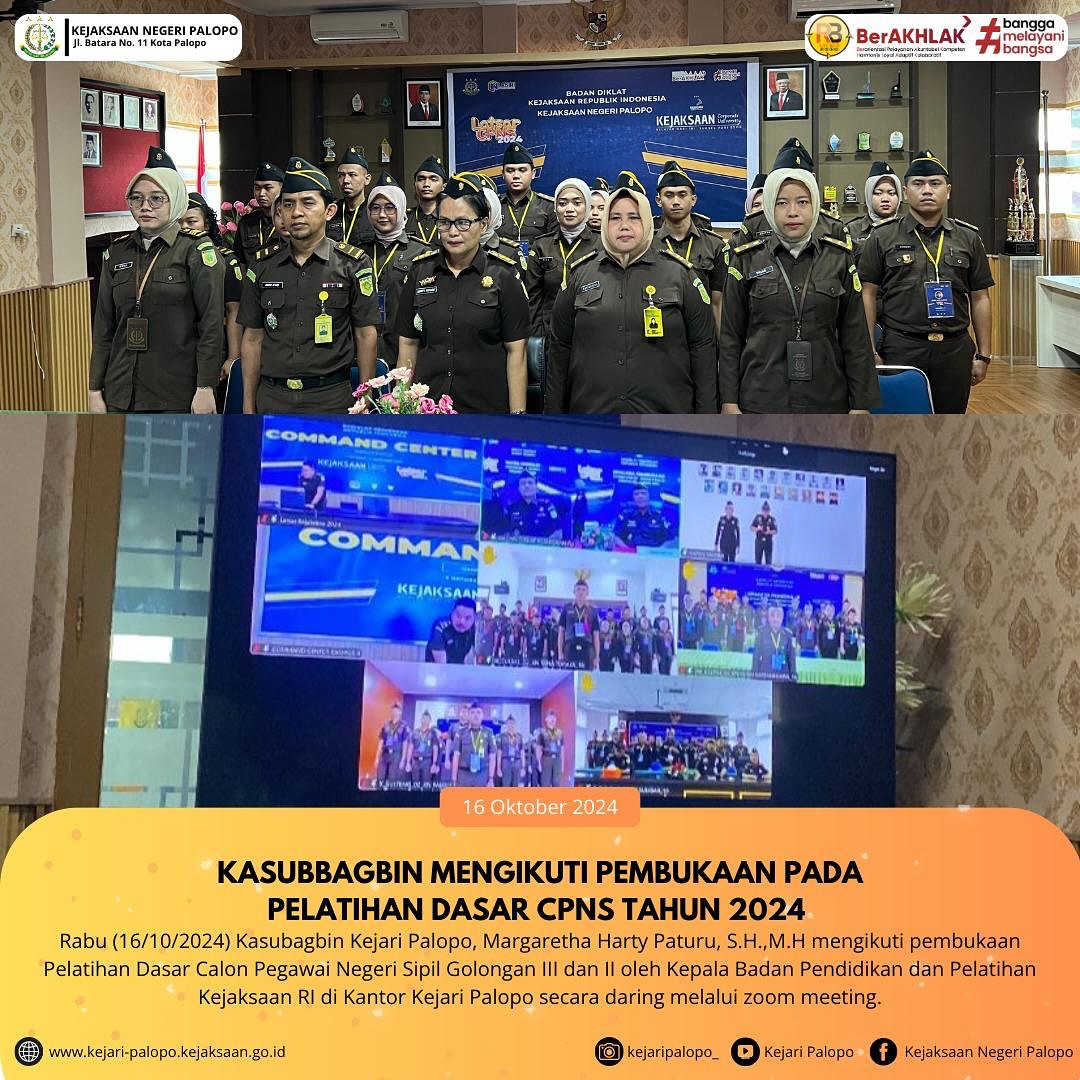 Rabu (16/10/2024) Kasubagbin Kejari Palopo, Margaretha Harty Paturu, S.H.,M.H selaku Ketua penyelenggara mengikuti pembukaan Pelatihan Dasar Calon Pegawai Negeri Sipil Golongan III dan II oleh Kepala Badan Pendidikan dan Pelatihan Kejaksaan RI di Kantor Kejari Palopo secara daring melalui zoom metting.#kejaksaanri #kejatisulsel #kejaripalopo