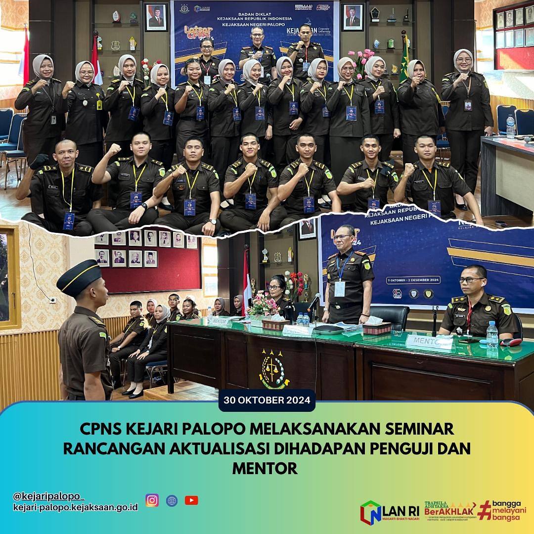 Rabu, 30 Oktober 2024 Bertempat di Aula Kantor Kejaksaan Negeri Palopo telah dilaksanakan Seminar Rancangan Aktualisasi oleh peserta Pendidikan dan Pelatihan Dasar CPNS Kejaksaan Negeri Palopo Tahun 2024 yang diuji oleh Kepala Kejaksaan Negeri Palopo Ikeu Bachtiar, S.H., M.H#kejaksaanri #kejatisulsel #kejaripalopo