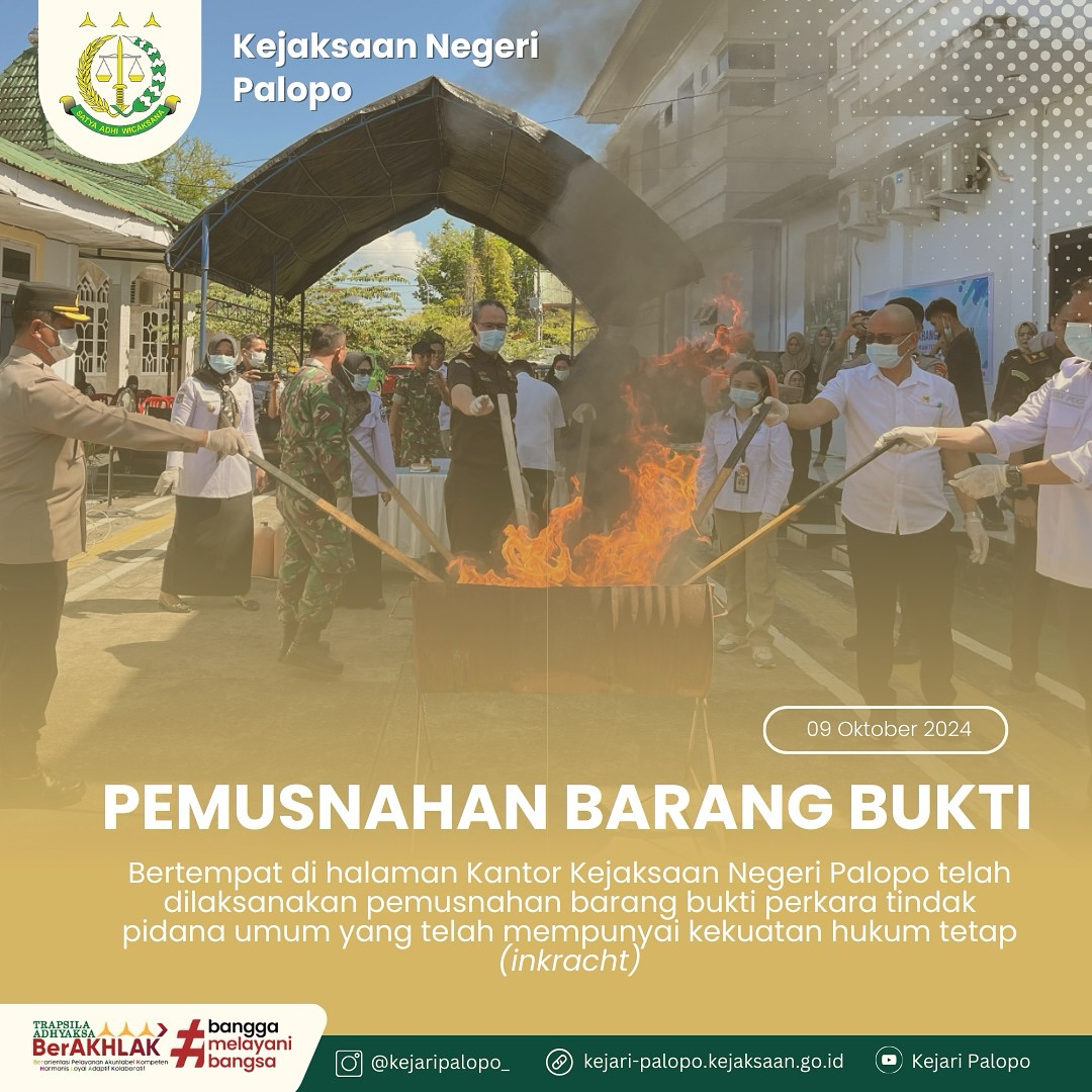 Pada hari Rabu 9 Okteober 2024,Kepala Kejaksaan Negeri palopo Melakukan pemusnahan Barang Bukti yang Telah Berkekuatan Hukum Tetap (inkracht) Dan Penjualan langsung Barang Rampasan yang telah Berkekuatan Hukum Tetap (inkracht)