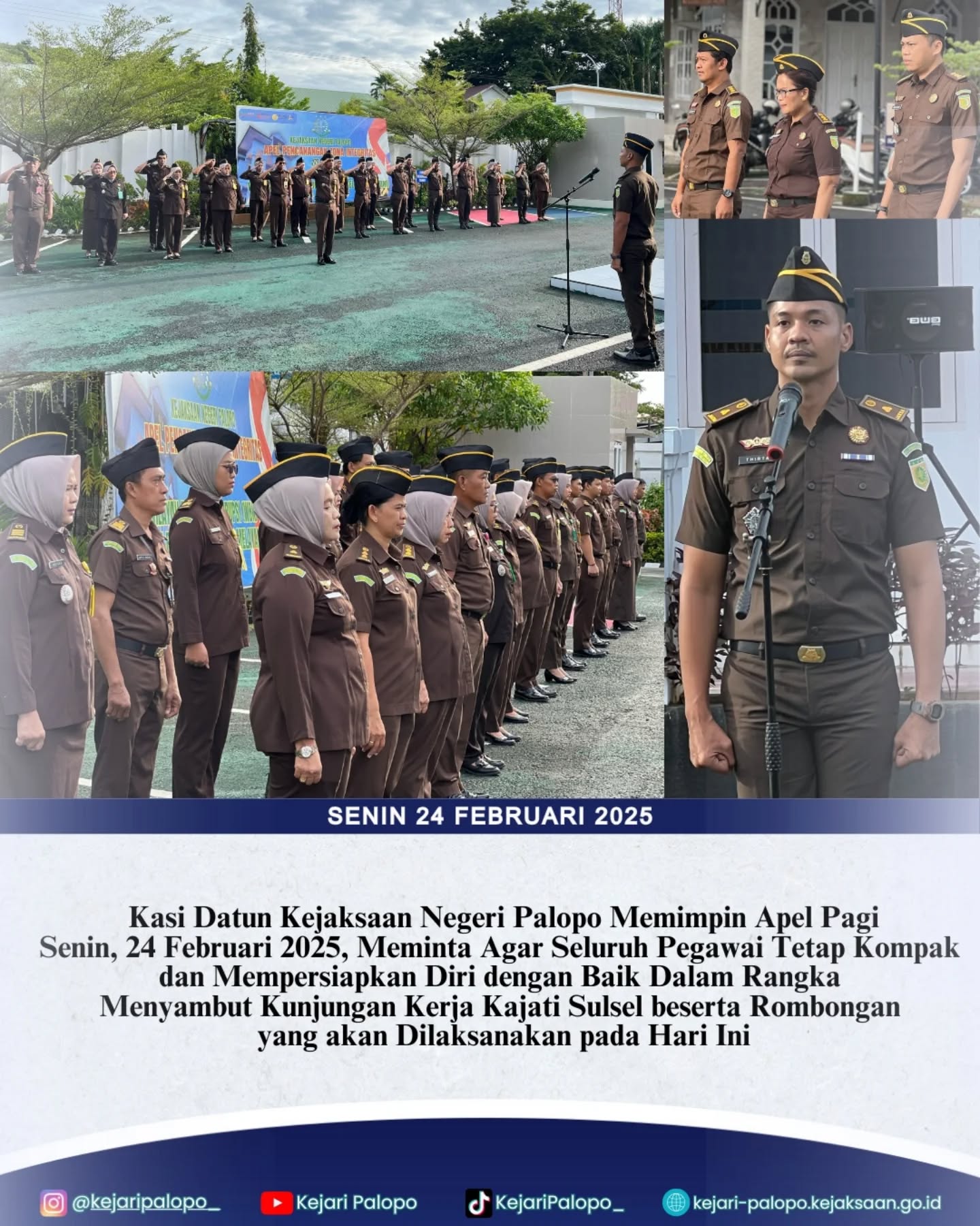 KEJARI PALOPO, Palopo— Kepala Seksi Perdata dan Tata Usaha Negara Kejaksaan Negeri Palopo, A. Thirta Massaguni, S.H. memimpin Apel Pagi, Senin (24/2/2025) di Halaman Kantor Kejaksaan Negeri Palopo. Apel ini diikuti kepala seksi, jaksa fungsional dan pegawai Kejaksaan Negeri Palopo.Kepala Seksi Perdata dan Tata Usaha Negara Kejaksaan Negeri Palopo mengingatkan kepada seluruh pegawai Kejaksaan Negeri Palopo agar tetap kompak dan juga mempersiapkan diri dalam rangka menyambut Kunjungan Kerja Kajati Sulsel beserta rombongan yang akan dilaksanakan pada hari ini.