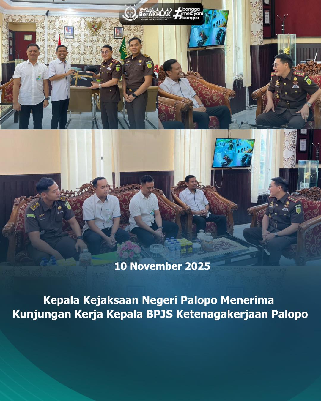 KEJARI PALOPO, Palopo— Kepala Kejaksaan Negeri Palopo, Sinyo Redy Benny Ratag, S.H., M.H. Senin (10/11/2025) Menerima kunjungan kerja dari Kepala BPJS Ketenagakerjaan Palopo di ruang kerjanya, dalam hal menjalin silaturahmi dan menjaga hubungan baik antar sesama.