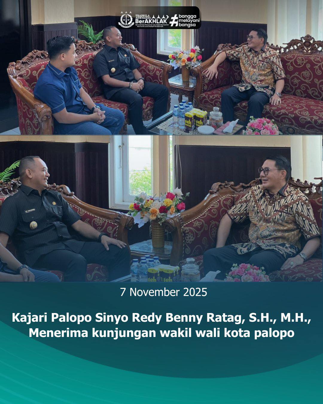 KEJARI PALOPO, Palopo— Kepala Kejaksaan Negeri Palopo, Sinyo Redy Benny Ratag, S.H., M.H. Jum'at (07/11/2025) menerima kunjungan Wakil Walikota Palopo, Achmad Syarifuddin. Kunjungan silaturahmi ini diterima di ruangan kerjanya. Hal tersebut bertujuan untuk mempererat silaturahmi.