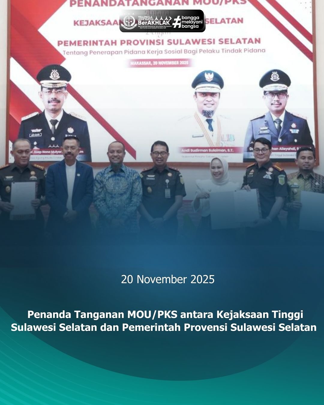 KEJARI PALOPO, Jumat(20/11/2025) Kepala Kejaksaan Negeri Palopo Sinyo Redy Benny Ratag S.H., M.H. Menghadiri teken MOU penerapan Pidana Kerja Sosial (Social Service Order) antara Kejati Sulsel dan Pemprov Sulsel Sesuai amanat KUHP Baru 2023. Ini adalah langkah progresif untuk menggeser hukuman dari penjara ke pendekatan Restoratif, Korektif, dan Rehabilitatif. kata Jampidum, Prof. Asep Nana Mulyana, kita ingin hukum yang “tajam ke atas dan humanis ke bawa”. Gubernur Sulsel menyambut baik, melihat potensui besar untuk mengurangi biaya negara, memberi keterampilan bagi terpidana, bahkan hingga mendukung ketahanan pangan. Pidana kerjsa sosial ini wajib menjunjung Prinsip Simbiosis Multualistis dan Tidak Dikomersilkan. Sulsel siap jadi percontohan keadilan yang lebih manusiawi !
