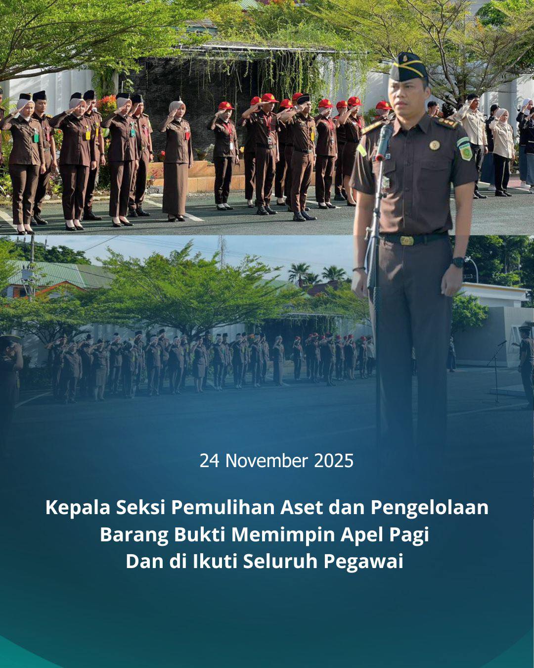 KEJARI PALOPO, Palopo— Kepala Seksi Pemulihan Aset dan Pengelolaan Barang Bukti Kejaksaan Negeri Palopo, Agus Susandi, S.H., M.H. Senin (24/11/2025) memimpin giat apel rutin yang dilaksanakan setiap hari Senin yang diikuti oleh seluruh pegawai bertempat di Halaman Kantor Kejaksaan Negeri Palopo.
