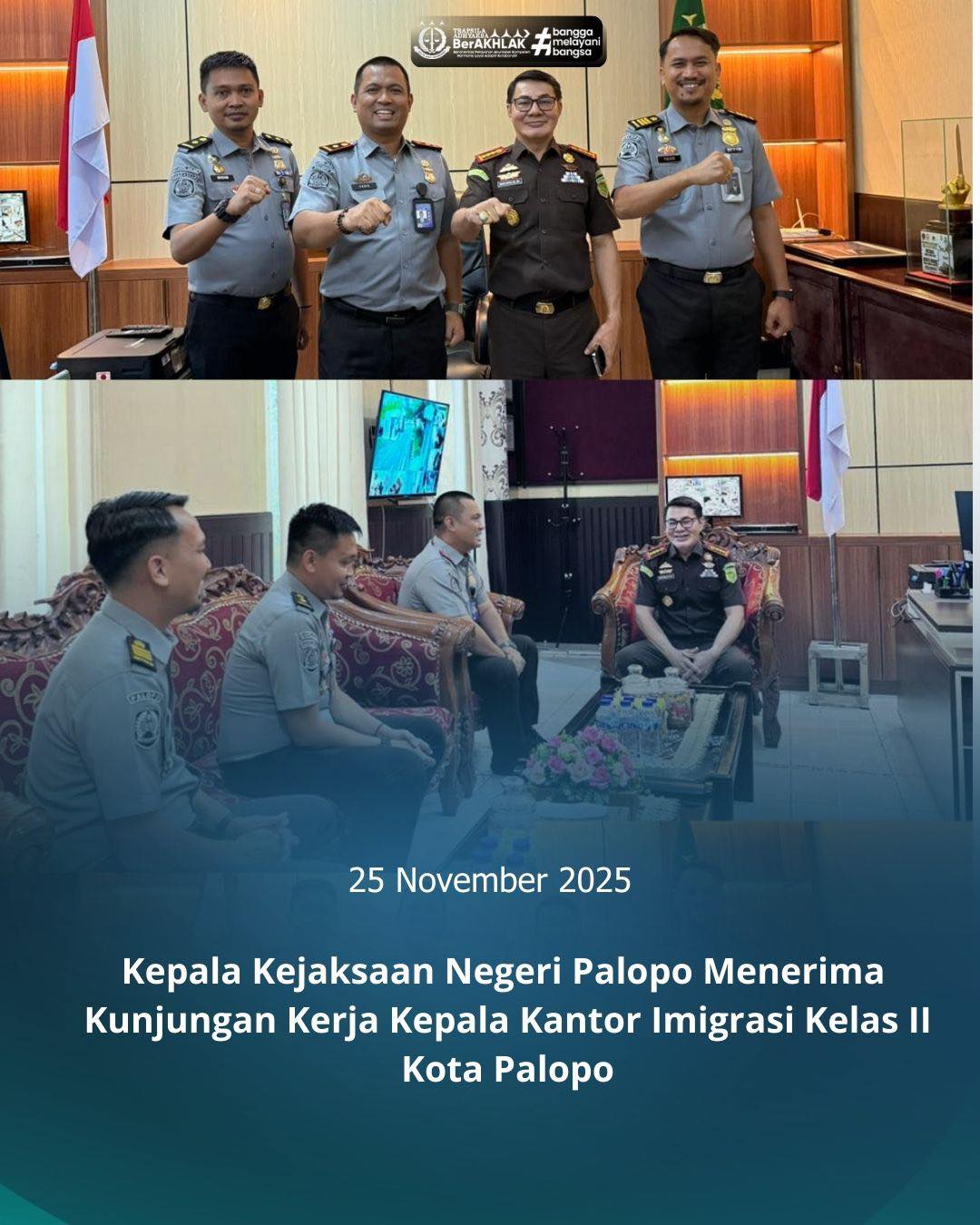 KEJARI PALOPO, Palopo— Kepala Kejaksaan Negeri Palopo, Sinyo Redy Benny Ratag, S.H., M.H. Selasa (25/11/2025) Menerima kunjungan kerja dari Kepala Kantor Imigrasi Kelas II Kota Palopo di ruang kerjanya, semoga hubungan kerja ini tetap harmonis dan akan terus berlanjut dengan baik ke depannya.