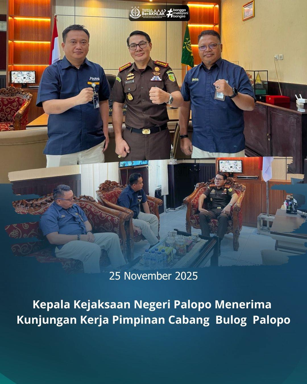 KEJARI PALOPO, Palopo— Kepala Kejaksaan Negeri Palopo, Sinyo Redy Benny Ratag, S.H., M.H. Selasa (25/11/2025) Menerima kunjungan kerja dari Pimpinan Cabang Bulog Palopo di ruang kerjanya, semoga kegiatan ini menjadi langkah awal sebagai kerja sama yang akan terjalin lebih kuat ke depannya.