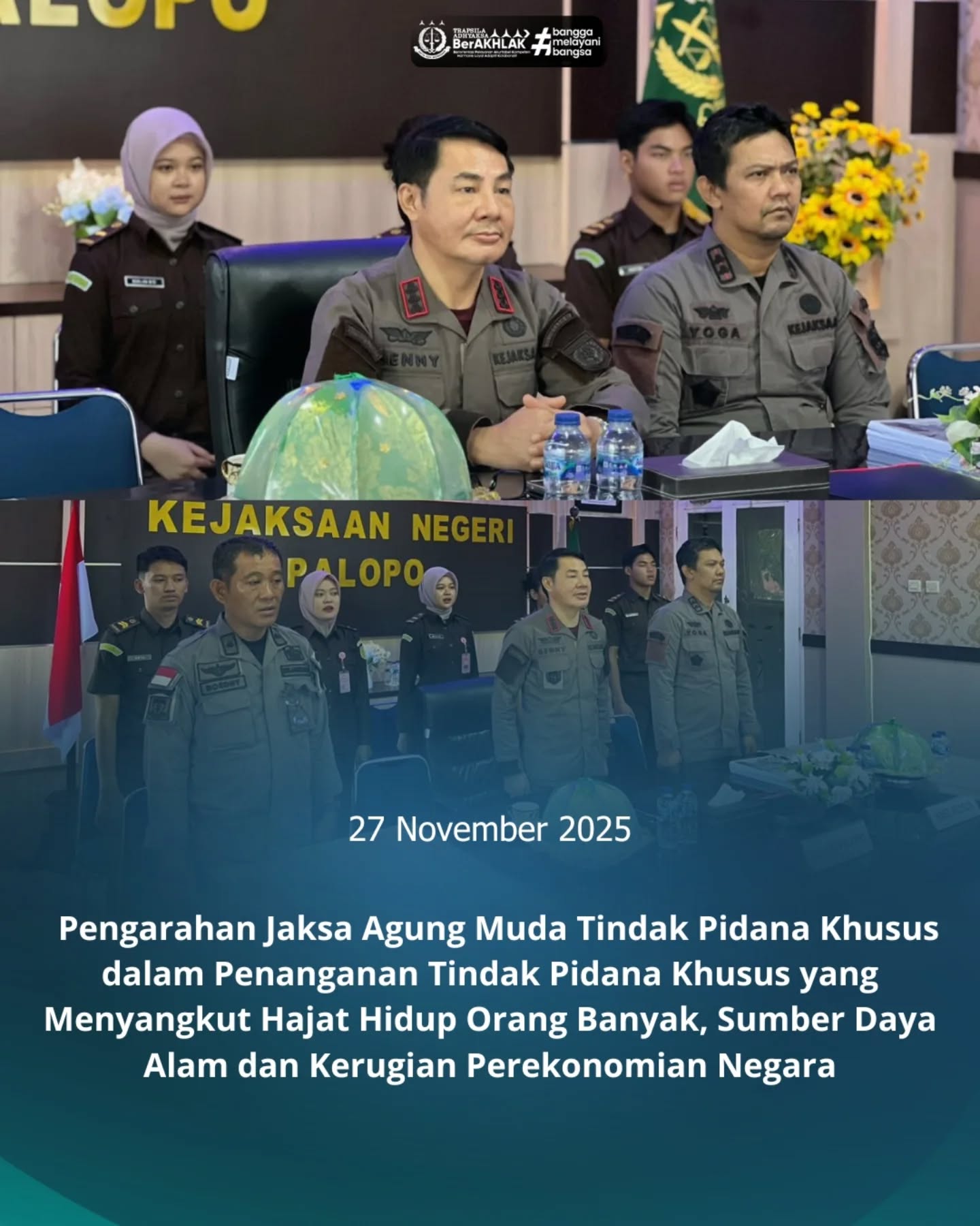 KEJARI PALOPO, Palopo— Kepala Kejaksaan Negeri Palopo, Sinyo Redy Benny Ratag, S.H., M.H. Kamis (27/11/2025) bersama Kepala Seksi Tindak Pidana Khusus Kejaksaan Negeri Palopo, Yoga Pradila Sanjaya, S.H.,M.H. beserta jajaran, mengikuti Pengarahan Jaksa Agung Muda Tindak Pidana Khusus dalam Penanganan Tindak Pidana Khusus yang Menyangkut Hajat Hidup Orang Banyak, SUmber Daya Alam dan Kerugian Perekonomian Negara secara daring via Zoom Meeting, yang bertempat di ruang Video Conference Kantor Kejaksaan Negeri Palopo.
