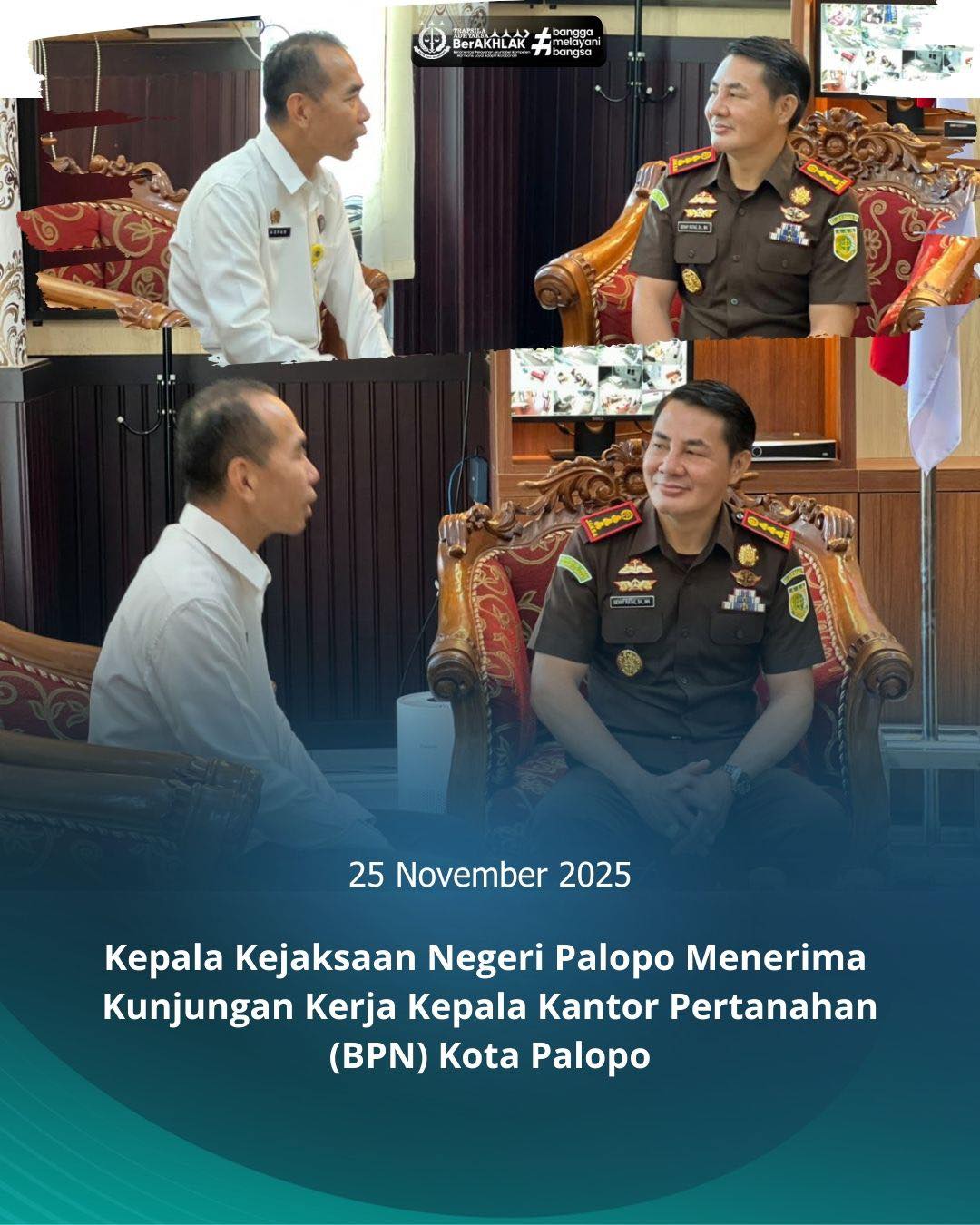 KEJARI PALOPO, Palopo— Kepala Kejaksaan Negeri Palopo, Sinyo Redy Benny Ratag, S.H., M.H. Selasa (25/11/2025) Menerima kunjungan kerja dari Kepala Kantor Pertanahan (BPN) Kota Palopo di ruang kerjanya, semoga hubungan kerja ini tetap harmonis dan akan terus berlanjut dengan baik ke depannya.