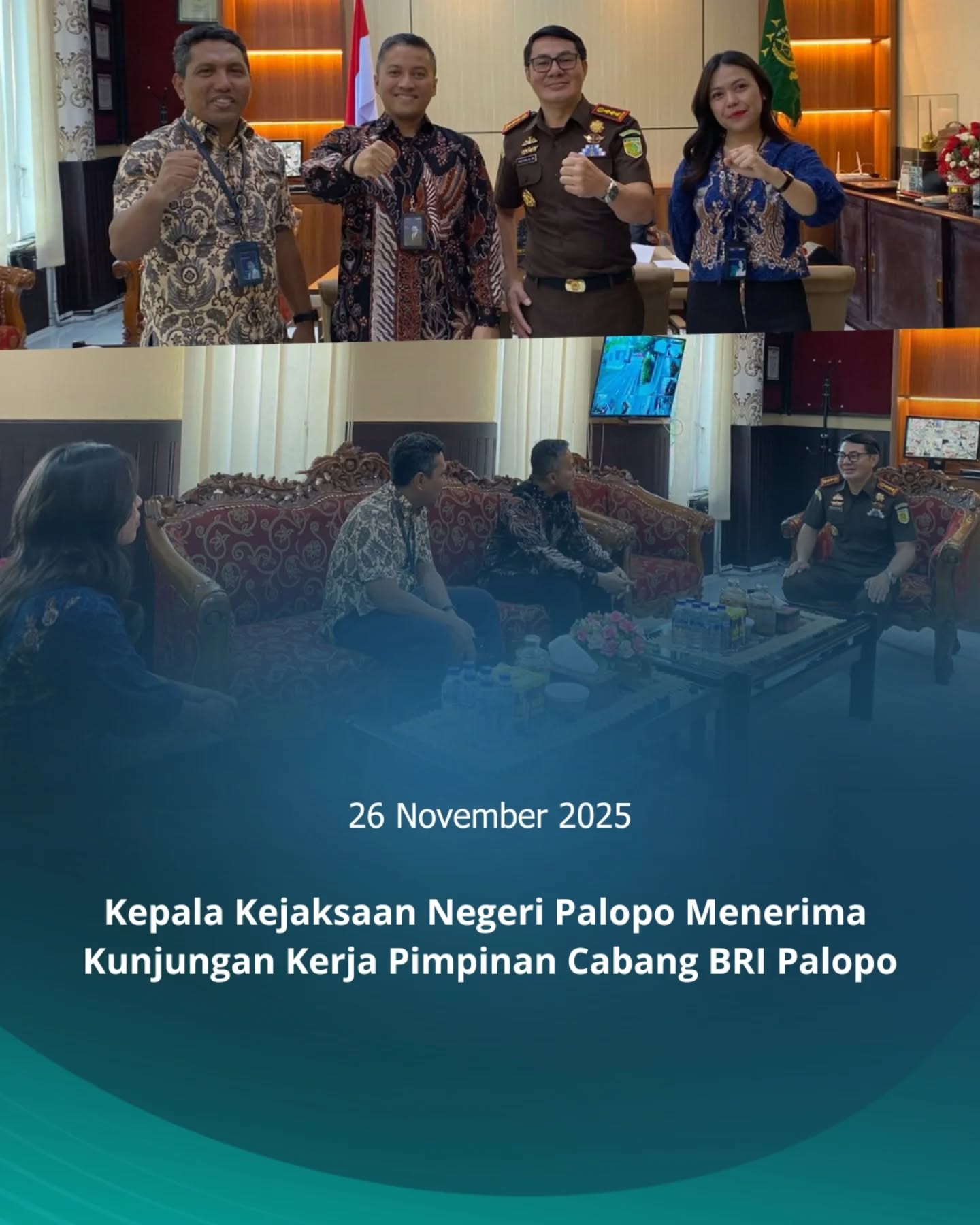 KEJARI PALOPO, Palopo— Kepala Kejaksaan Negeri Palopo, Sinyo Redy Benny Ratag, S.H., M.H. Rabu (26/11/2025) Menerima kunjungan kerja dari Pimpinan Cabang BRI Palopo, yang dilakukan dengan tujuan agar menjalin silaturahmi dengan baik antar instansi.