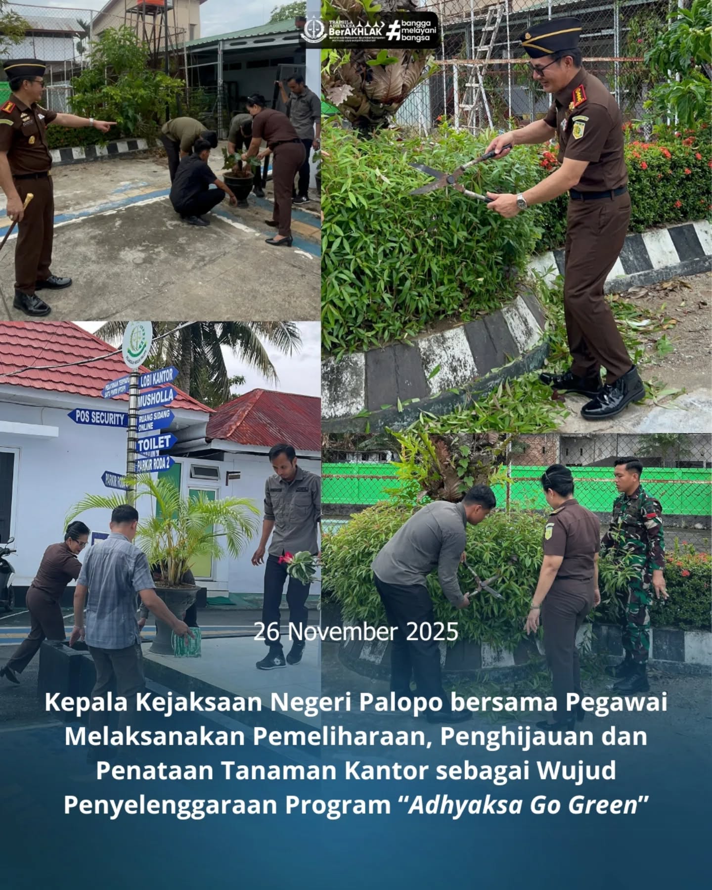 KEJARI PALOPO, Palopo— Kepala Kejaksaan Negeri Palopo, Sinyo Redy Benny Ratag, S.H., M.H. Rabu (26/11/2025) bersama pegawai melaksanakan pemeliharaan, penghijauan dan penataan tanaman yang berada di lingkungan halaman kantor Kejaksaan Negeri Palopo.Kegiatan ini bertujuan sebagai bentuk kesadaran dan partisipasi para pegawai dalam menjaga kelestarian lingkungan serta wujud komitmen terhadap program Adhyaksa Go Green yang diinisiasikan oleh Kejaksaan RI.