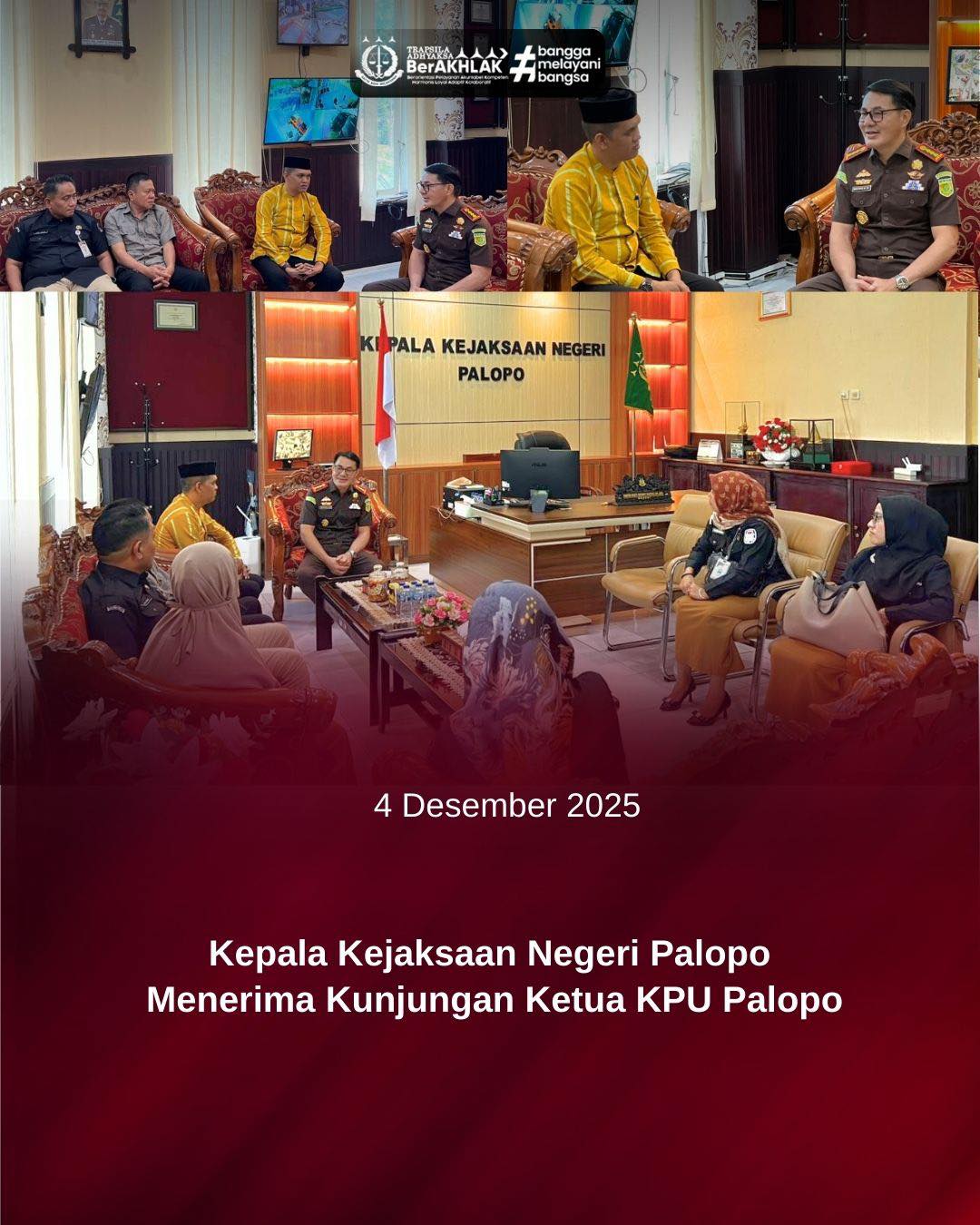 KEJARI PALOPO, Palopo— Kepala Kejaksaan Negeri Palopo, Sinyo Redy Benny Ratag, S.H., M.H. (04/12/2025) Menerima kunjungan kerja dari ketua KPU kota Palopo.
