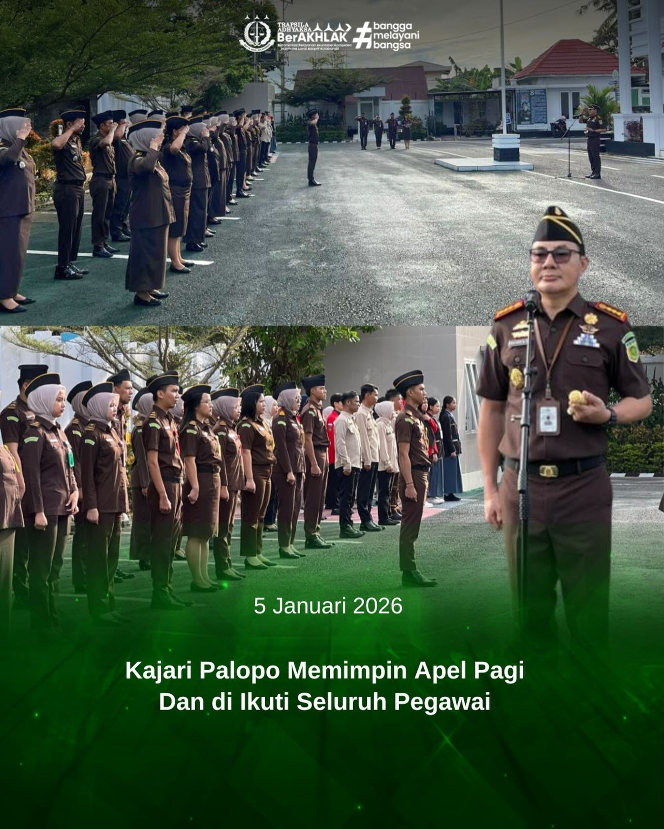 KEJARI PALOPO, Palopo— Kajari Palopo, Sinyo Redy Benny Ratag, S.H., M.H. Senin (5/1/2026) memimpin giat apel rutin yang dilaksanakan setiap hari Senin yang diikuti oleh seluruh pegawai bertempat di Halaman Kantor Kejaksaan Negeri Palopo.