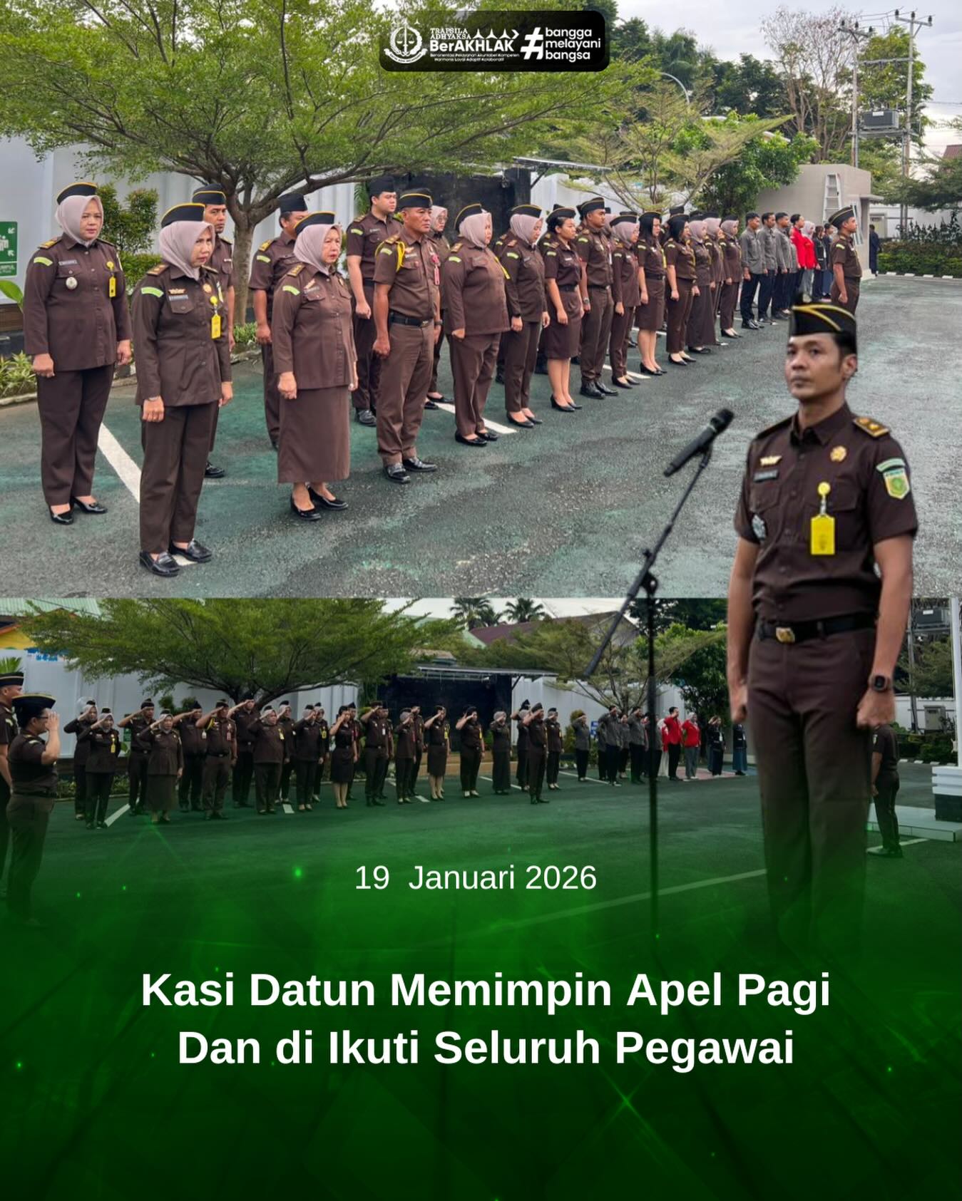 KEJARI PALOPO, Palopo— Kasi Datun Kejaksaan Negeri Palopo, A. Thirta Massaguni, S.H. Senin (19/01/2026) memimpin giat apel rutin yang dilaksanakan setiap hari Senin yang diikuti oleh seluruh pegawai bertempat di Halaman Kantor Kejaksaan Negeri Palopo.