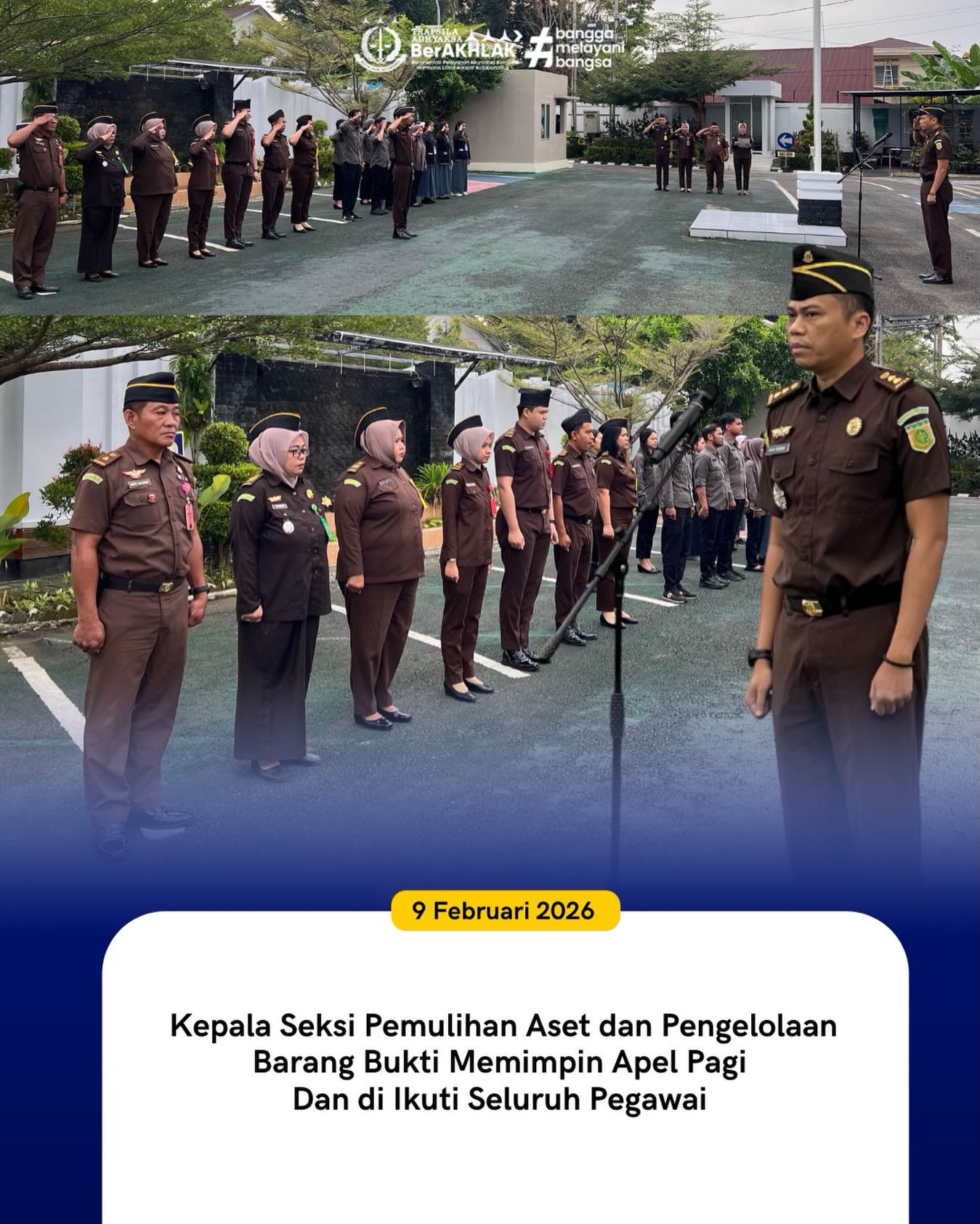 KEJARI PALOPO, Palopo— Kepala Seksi Pemulihan Aset dan Pengelolaan Barang Bukti Kejaksaan Negeri Palopo, Agus Susandi, S.H., M.H. Senin (09/02/2026) memimpin giat apel rutin yang dilaksanakan setiap hari Senin yang diikuti oleh seluruh pegawai bertempat di Halaman Kantor Kejaksaan Negeri Palopo.