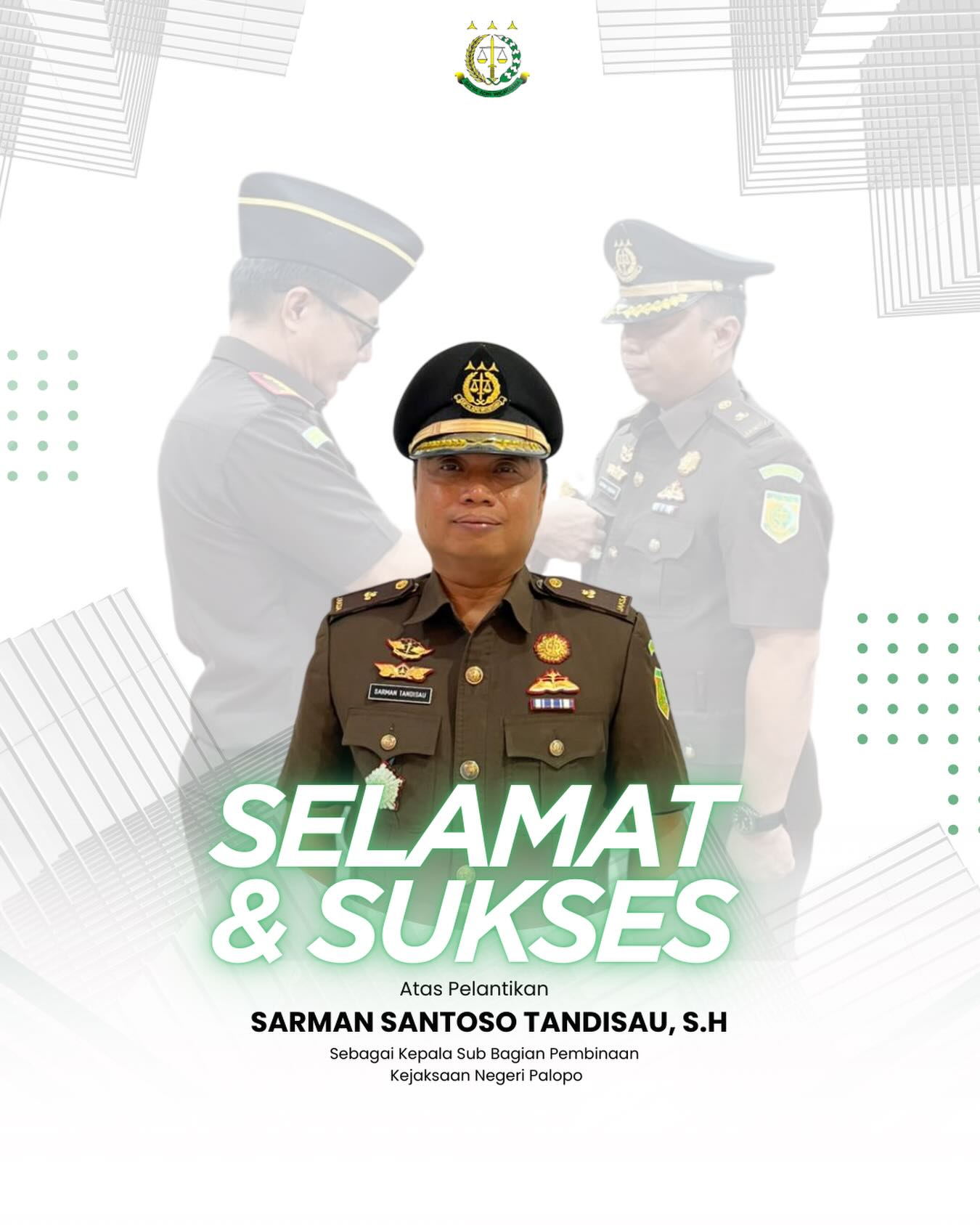 Kepala Kejaksaan Negeri Palopo Bapak Sinyo Rendy Benny Ratag, S.H., M.H beserta segenap keluarga Besar Kejaksaan Negeri Palopo mengucapkan Selamat dan Sukses kepada SARMAN SANTOSO TANDISAU, S.H, Sebagai Kepala Subbagian Pembinaan Kejaksaan Negeri PalopoSemoga amanah yang diberikan dapat dijalankan dengan penuh tanggung jawab, dedikasi, dan semangat pengabdian demi tegaknya hukum yang berkeadilan.#KejariPalopo #KejaksaanRI #Pelantikan #SumpahJabatan #BanggaMelayaniBangsa