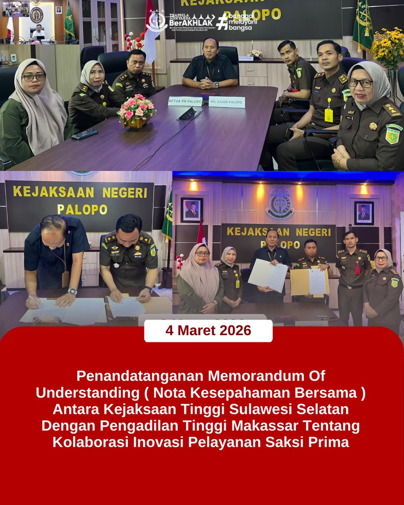 KEJARI PALOPO. Rabu (04/03/2026) Kepala Sub Bagian Pembinaan, Sarman Santoso Tandisau,S.H., Sebagai PLH Kejari Palopo didampingi kasi pidum bersama Ketua Pengadilan Negeri Palopo menghadiri Vicon Penandatanganan Memorandum Of Understanding (Nota Kesepahaman) Antara Kejaksaan Tinggi Sulawesi Selatan Dengan Pengadilan Tinggi Makassar yang kemudian dilanjutkan dengan penandatangan MoU antara Kejaksaan Negeri Palopo dan Pengadilan Negeri palopo