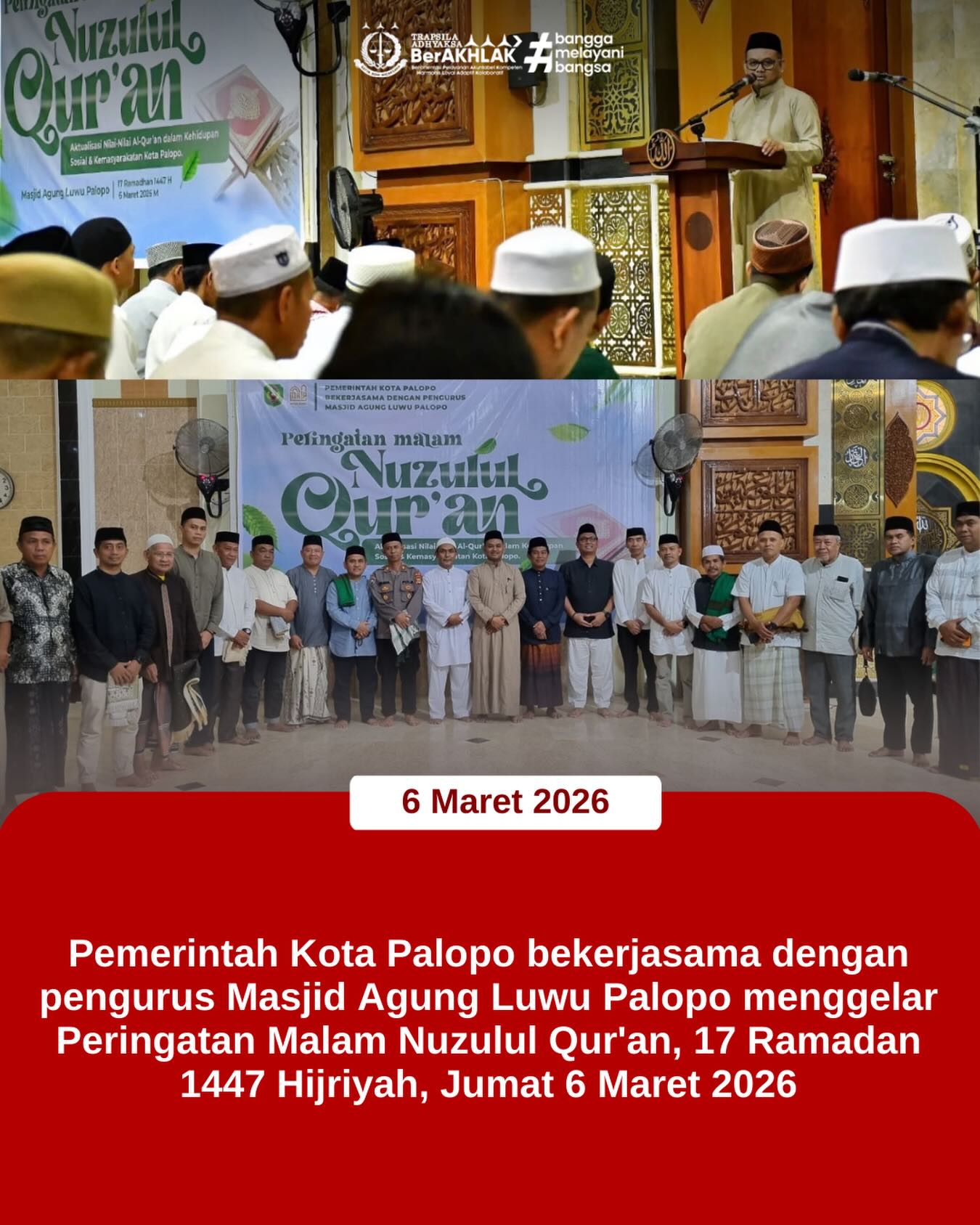 KEJARI PALOPO, Palopo— Kepala Seksi Pemulihan Aset dan Pengelolaan Barang Bukti Kejaksaan Negeri Palopo, Agus Susandi, S.H., M.H., Menghadiri Peringatan Malam Nuzulul Qur’an, 17 Ramadan1447 Hijriyah, Jumat 6 Maret 2026
