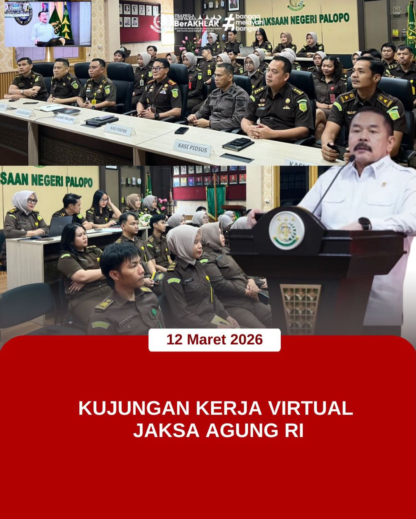 KEJARI PALOPO, Palopo— Kepala Kejaksaan Negeri Palopo, Sinyo Redy Benny Ratag, S.H., M.H. Rabu (12/03/2026) bersama jajaran mengikuti Pemberian Arahan dalam Kunjungan Kerja Virtual via zoom meeting oleh Jaksa Agung RI, Prof. Dr. H. ST. Burhanuddin, S.H., M.M., M.H., menjelang perayaan Hari Raya Nyepi dan Idul Fitri 1447 H.